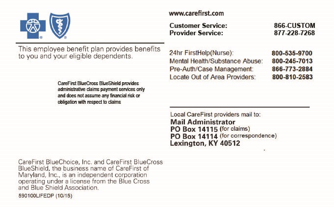 A sample CareFirst BlueCross BlueShield plan ID back of the card.